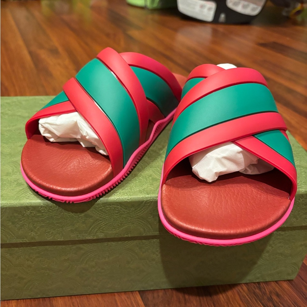 Gucci Pink and Green Slide Sandals